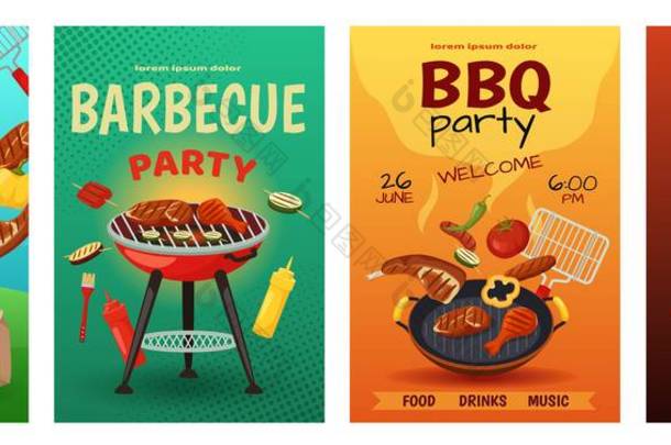 Barbecue posters, bbq grill party flyer template. Outdoor picnic invite, summer cookout event invita