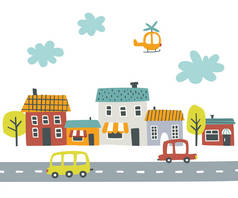 Abstract tittle town street print for baby. Scribble cityscape with house exterior, road, trees, car