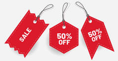Red label discount 50 Off and sale with various shape - Vector