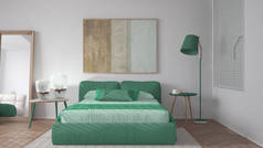 现代明亮简约的卧房，绿松石色调，双人床与枕头，羽绒和毛毯，花篮，窗户，桌子与灯，镜子与邮袋，地毯，室内设计理念