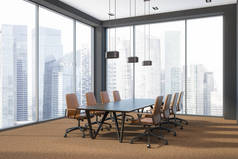 现代办公会议室的角落里有全景玻璃窗、棕色地毯和一张长有真皮扶手椅的木制桌子。咨询和董事会概念。3d 渲染复制空间