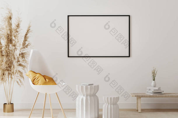 空旷的水平画框在现代室内环境中模仿，有空荡荡的白墙，椅子和<strong>围裙</strong>草，豪华客厅室内环境，丑闻风格，3D渲染