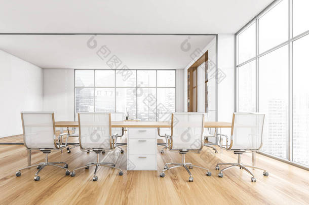 白色和木制会议室，有白色扶手椅，白色桌子和窗户，城市视野。带家具的会议室，3D显示没有人