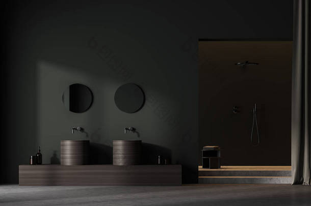 黑暗的浴<strong>室内</strong>部与悬浮液，两个水槽和镜子，混凝土地面。清洁和整洁对健康的概念。<strong>简约</strong>舒适的设计