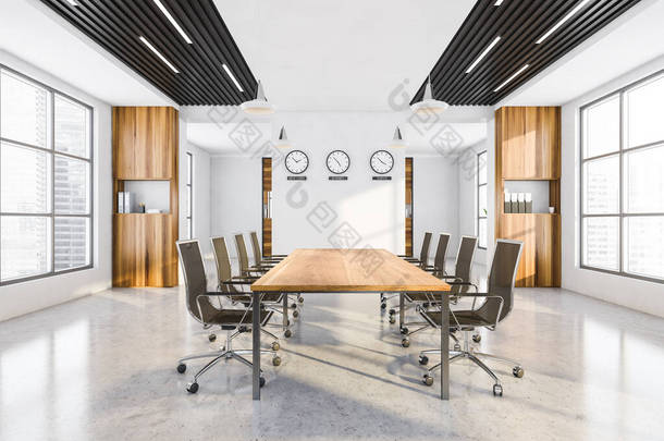 全景办公室的会议室用木制装饰.墙上的工作室与时钟，显示世界时间和橱柜。有办公椅的桌子。大理石地板。3d渲染