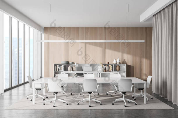 全景米色和白色会议室内部有木墙，灰色混凝土地板，线光和首席执行官的背景工作<strong>场所</strong>。现代办公室设计的概念.3d渲染