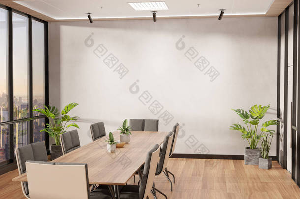空旷的墙壁在明亮的木制办公室里，窗户很大，阳光通过。空公司会议室3D<strong>渲染</strong>