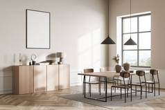 Reading room interior with seats on parquet floor, side view. Wooden commode with books and decorati