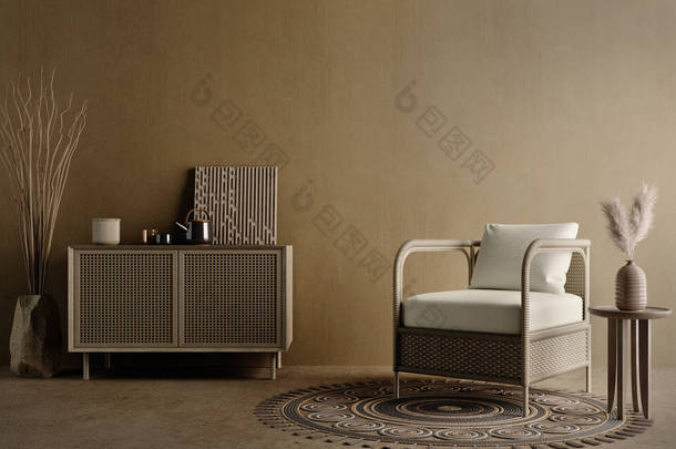 Boho风格的棕色客厅，有柳条椅、桌子和花瓶，背景是深色的墙