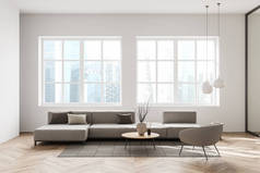 有沙发和扶手椅的白色客厅室内，有地毯装饰的咖啡桌，餐篮地板，新加坡城市全景窗。最小的访客空间，3D渲染
