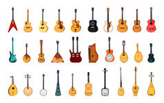 不同类型的吉他手的集合。国家民间乐器。弦乐器的详细说明.