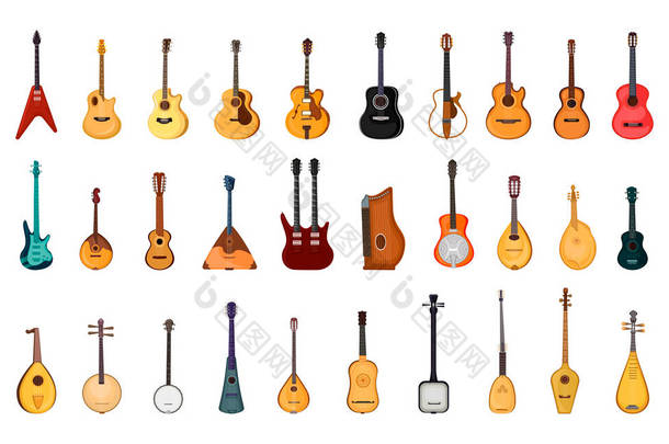不同类型的吉他手的集合。国家民间乐器。弦乐器的详细说明.