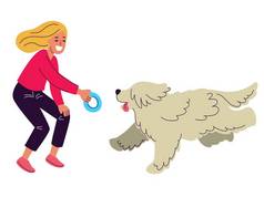 带着狗散步的女人，带着宠物在公园里散步的女人，用扁平的样式描绘的图案