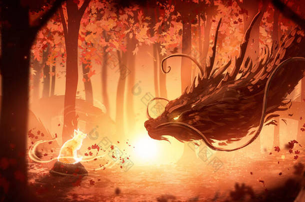 东方风格的巨大而难以置信的长龙好奇地看着秋天<strong>橘红</strong>色森林的岩石上，在灿烂的夕阳的光芒下，一只小狐狸宝宝的精神。2d艺术
