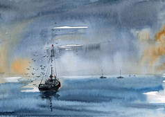 渔船被海鸥包围在暴风雨般的铅灰色天空中的水彩画，其他的小船也在地平线上遥遥无期