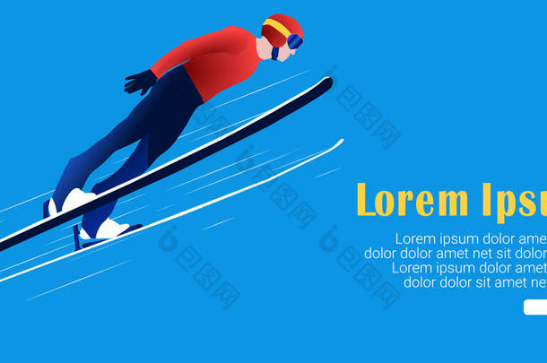 一个抽象男子滑雪板在蓝色背景上跳跃的UI设计。Ski Jumping，北欧联合.