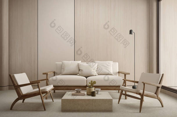带有沙发、椅子、灯和木制墙壁的现代风格的木制色调客厅。