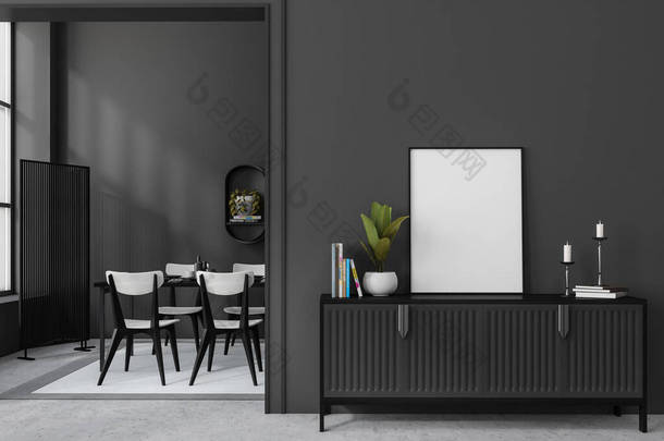 黑暗的餐厅内部，桌子和椅子在地毯上，灰色混凝土地板。入口前有装饰的黑色木制餐具柜.模拟空白框架，3D渲染