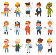 穿着职业制服的孩子从事不同工作的儿童，如建筑工人、教师、商人、医生和消防员