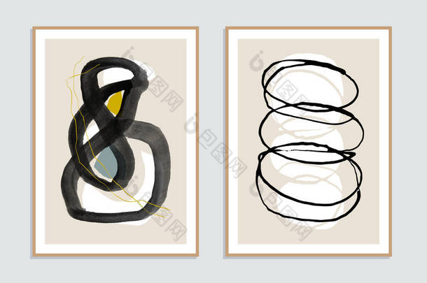 一套两个抽象的简约手绘插图，用于墙面装饰、明信片或小册子设计。<strong>病</strong>媒EPS10.