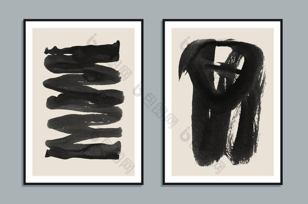 一套两个抽象的<strong>简约手绘</strong>插图，用于墙面装饰、明信片或小册子设计。病媒EPS10.
