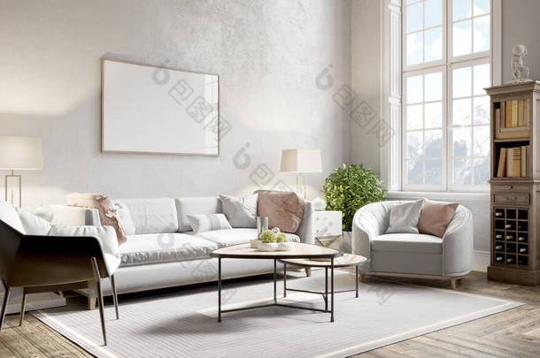 现代漂亮的房间内部与白色的墙壁，大窗户和时髦的家具。明亮而时尚的设计。3D渲染
