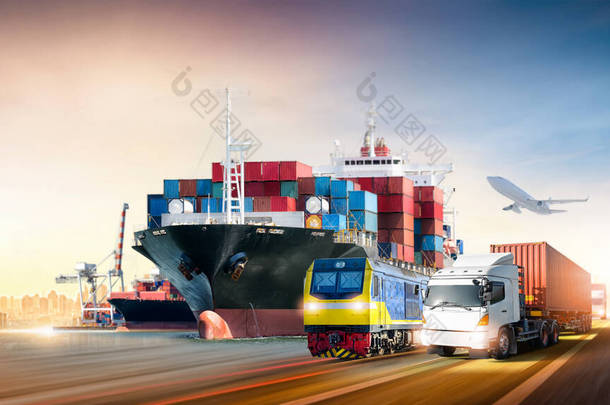 全球商业物流进出口及集装箱货轮、飞机、货运站货运站集装箱卡车、运输业概念、深度模糊效应