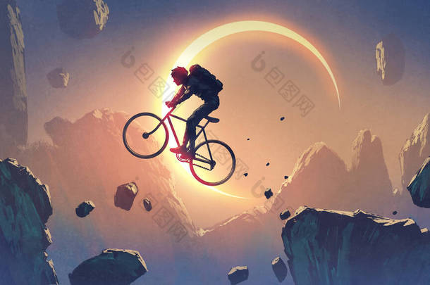 一个骑自行车的人，带着日食、数码艺术风格和绘画，在悬崖上飞驰而过。