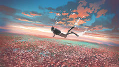 一个超现实的场景，一个潜水员在黄昏的时候飘浮在一片鲜花之上，数字艺术风格，绘画