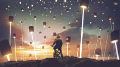 在充满灯笼、数码艺术风格、插图绘画的土地上骑自行车的人