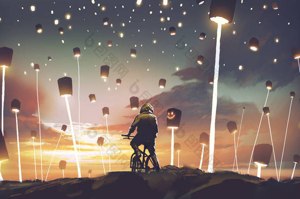 在充满灯笼、数码艺术风格、插图绘画的土地上骑自行车的人