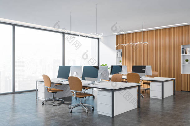 角落是明亮的办公室内部，有<strong>书桌</strong>、扶手椅、全景窗、<strong>书架</strong>和水泥地面。工作过程和合作的地点概念。3d渲染