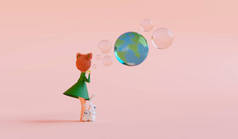 女孩吹肥皂泡。地球日的概念。3D渲染