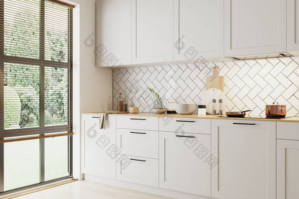家庭厨房室内，有白色花园观景窗，3D渲染