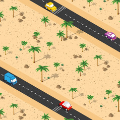 等角自然景观棕榈树向量插图沙漠与沙子石头汽车和灌木概念上的图形为的运输背景等角自然景观棕榈树向量插图