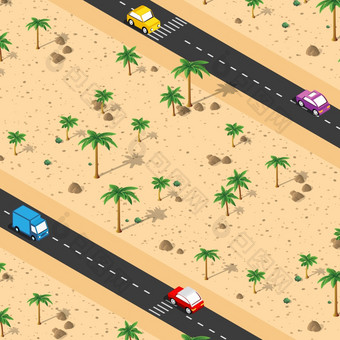 等角自然景观棕榈树向量插图沙漠与沙子石头汽车和灌木概念上的图形为的运输背景等角自然景观棕榈树向量插图