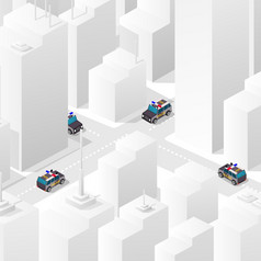 等角街十字路口插图的城市季度与警察汽车股票插图为的设计和游戏行业等角街十字路口插图的城市季度