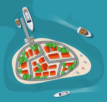 的景观为娱乐前视图的岛天堂从直升机海景岛为假期海上酒店为放松旅行休闲海洋地图与城市的景观为娱乐前视图的岛天堂