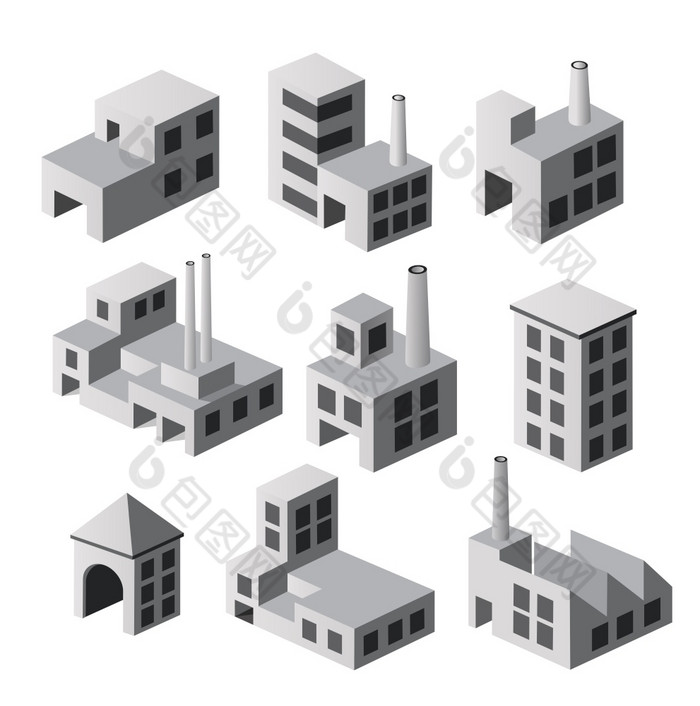 的插图孤立的的的角度来看方面集对象工业植物工厂停车很多和仓库等角视图从以上的城市与街道建筑的插图孤立的的的角度来看方面集