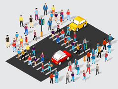等角街十字路口插图的城市季度与街道人汽车股票插图为的设计和游戏行业等角街十字路口插图的城市季度与街道