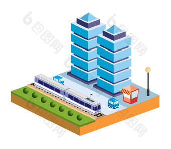 等角景观结构城市建筑火车机车铁路摩天大楼街道和树插图等角景观结构城市建筑摩天大楼街道