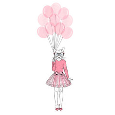 节日的猫女孩与粉红色的气球拟人化动物插图动物穿着拟人化动物插图