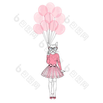 节日的猫女孩与粉红色的气球<strong>拟人</strong>化动物插图动物穿着<strong>拟人</strong>化动物插图
