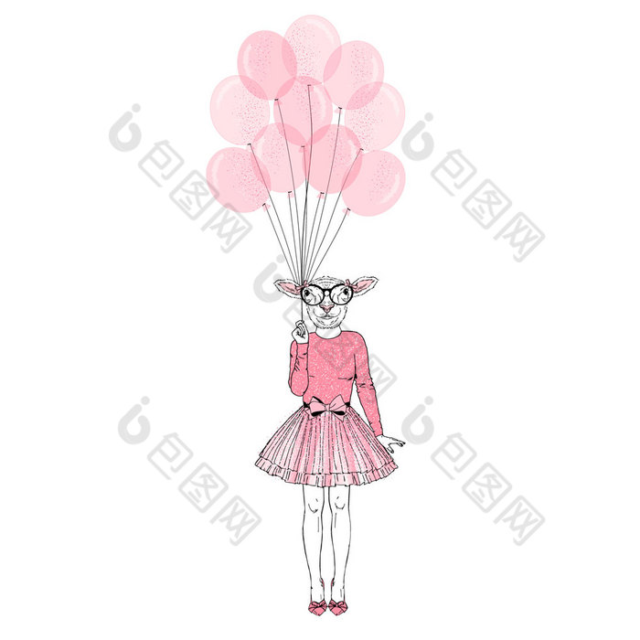 节日的羊女孩与粉红色的气球拟人化动物插图动物穿着拟人化动物插图