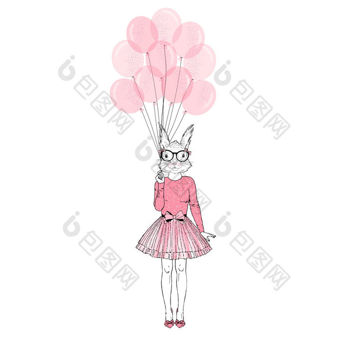 节日的松鼠女孩与粉红色的气球拟人化动物插图动物穿着拟人化动物插图