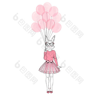 节日的松鼠女孩与粉红色的气球<strong>拟人</strong>化动物插图动物穿着<strong>拟人</strong>化动物插图