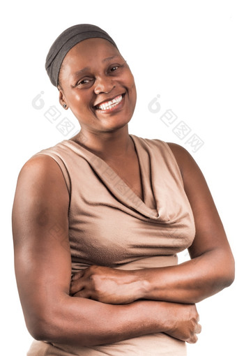 三个季度肖像非洲夫人她的早期四人组与大美丽的微笑白色背景她穿光棕色（的）sleeveles前而且灰色头封面