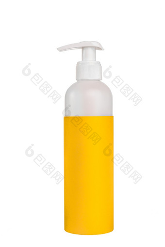 清晰的塑料容器与白色喷嘴头而且黄色的清晰的标签白色孤立的背景