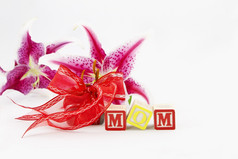 字母块拼写出妈妈是前面红色的丝带包装礼物而且两个单莉莉花朵所有放置白色背景