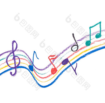 色彩斑斓的音乐符号画白色孤立的音乐的符号